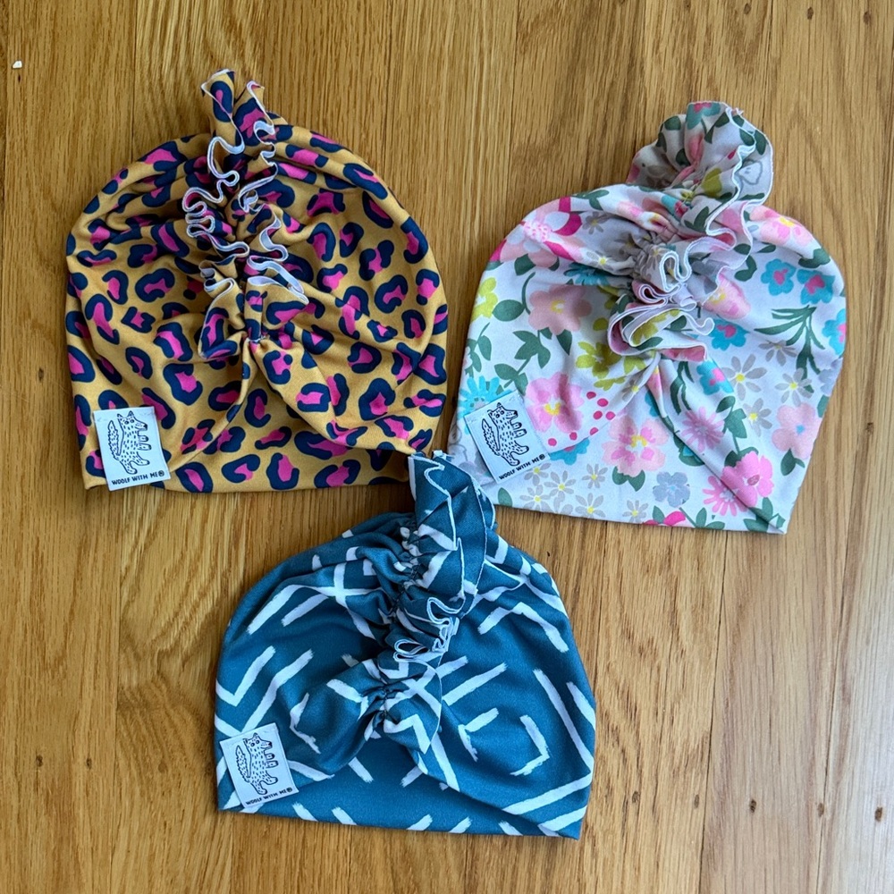 Baby Knot Turban Trio — Floral Pink, Mustard Leopard & Teal
